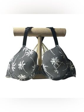 Cacique Lightly Lined T-Shirt Bra Front Close Racerback Black White Palm Tree